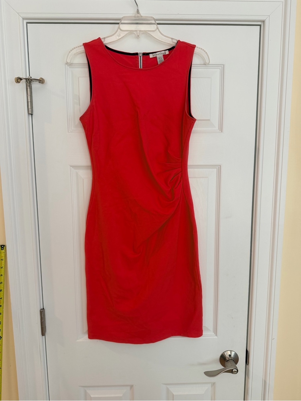 Ladies Size 8 "Kenneth Cole" NY Red Sleeveless Ruched Sheath Dress Dual Zippers